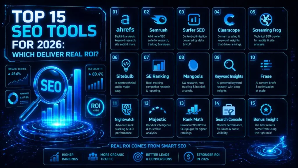 Top 15 SEO Tools for 2026: Discover which platforms deliver real ROI through higher rankings, more organic traffic, and better lead conversions.