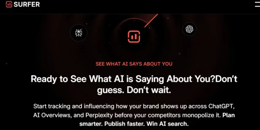 SEO AI Strategist interface featuring 'Surfer Makes Your Brand AI-Visible' headline and 'Ready to see what AI is saying about you?' call to action.