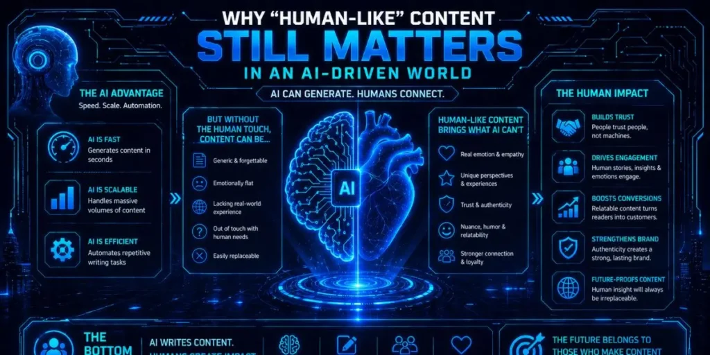 Infographic titled 'Why 'Human-Like' Content Still Matters in an AI-Driven World' outlining 'The AI Advantage' (speed, scale, automation) vs. 'The Human Impact' (builds trust, drives engagement, boosts conversions). Shows a glowing blue brain and heart joined by circuits, illustrating how blending AI and human insights is key for empathy and authenticity.