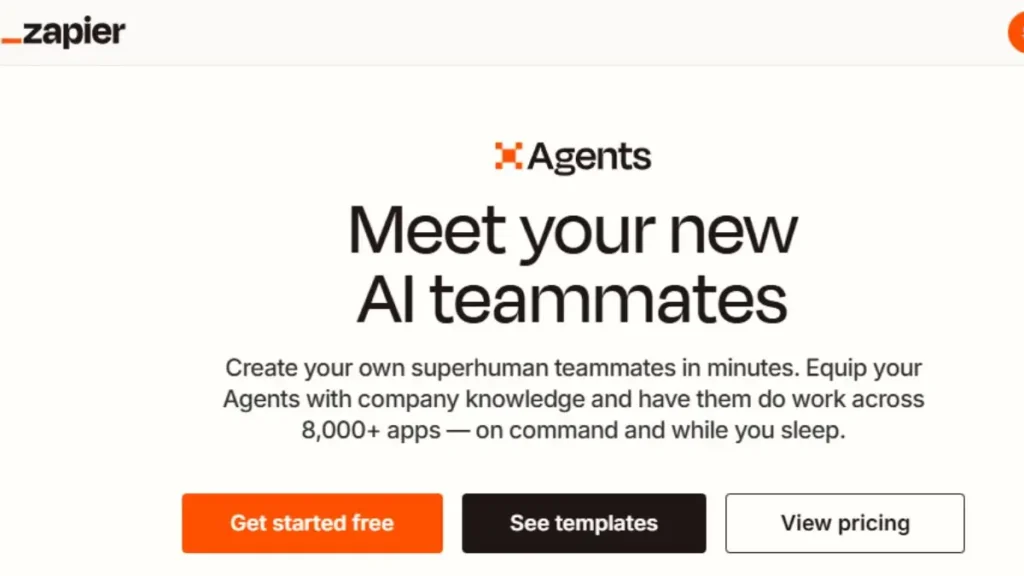 Official Zapier website screenshot featuring the 'Meet your new AI teammates' landing page for AI Agents and automation.