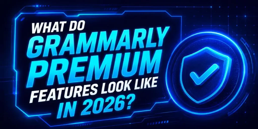 Text graphic with a futuristic blue border asking 'What Do Grammarly Premium Features Look Like in 2026?' featuring a glowing shield and checkmark badge, designed for Smart AI Helper Pro reviews.