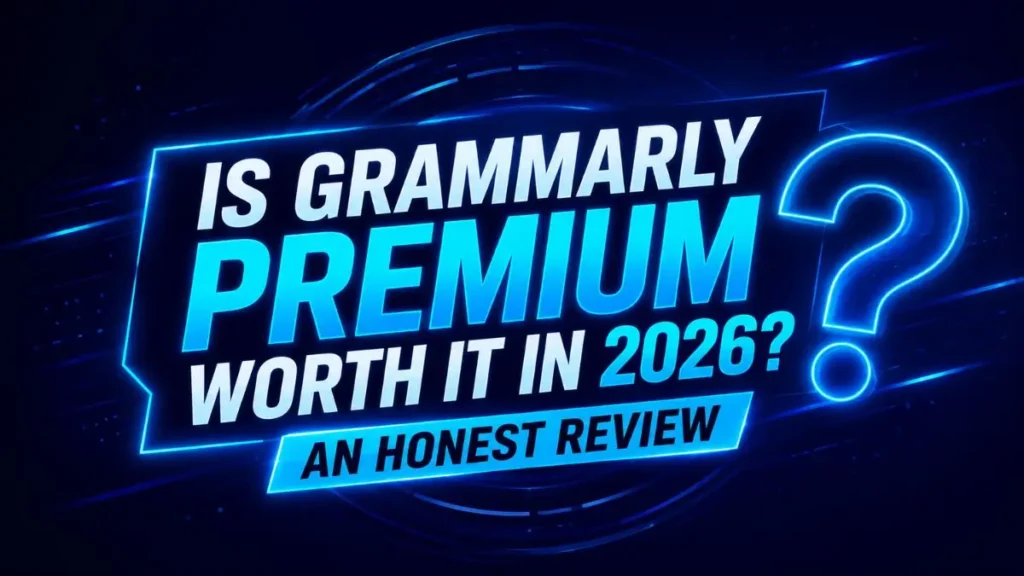 Dynamic blue and black graphic titled 'Is Grammarly Premium Worth It in 2026? An Honest Review' with a large glowing question mark, designed for a Smart AI Helper Pro review post.