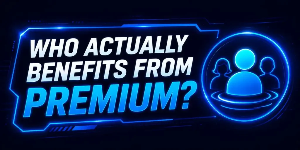 Futuristic blue-framed graphic asking 'Who Actually Benefits from Premium?' featuring a glowing circular icon with three human silhouettes, designed for Smart AI Helper Pro.