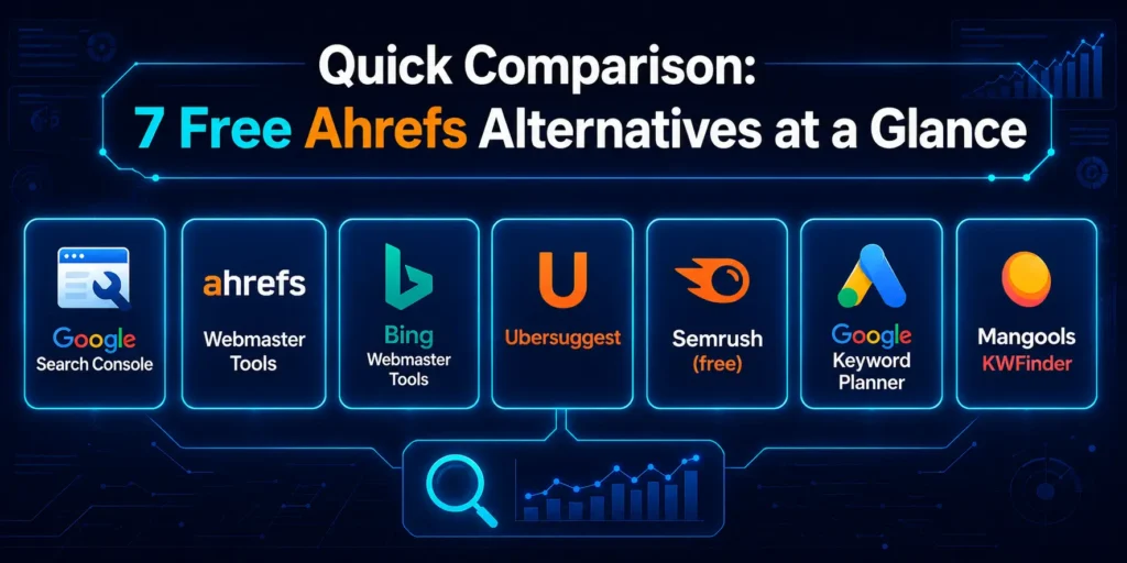 Quick Comparison: 7 Free Ahrefs Alternatives at a Glance