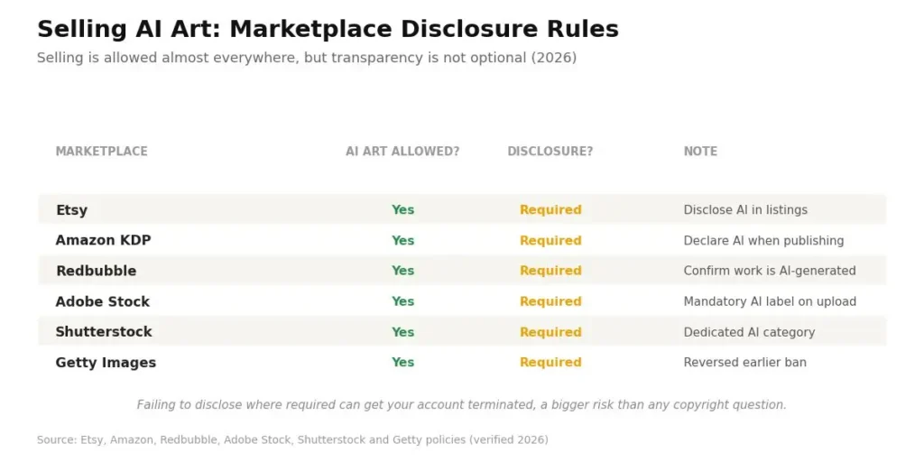 AI art marketplace disclosure rules for Etsy, Amazon KDP, Redbubble, Adobe Stock, Shutterstock and Getty, 2026