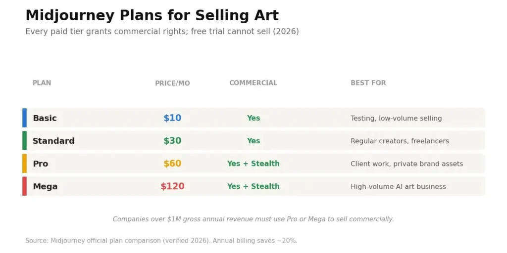 Midjourney Basic, Standard, Pro and Mega plans with prices and commercial rights for selling AI art, 2026