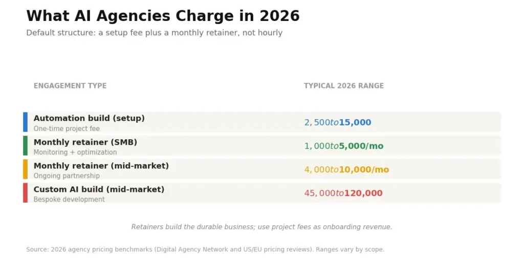 AI agency 2026 pricing benchmarks: automation build $2500-15000, SMB retainer $1000-5000, custom build $45000-120000