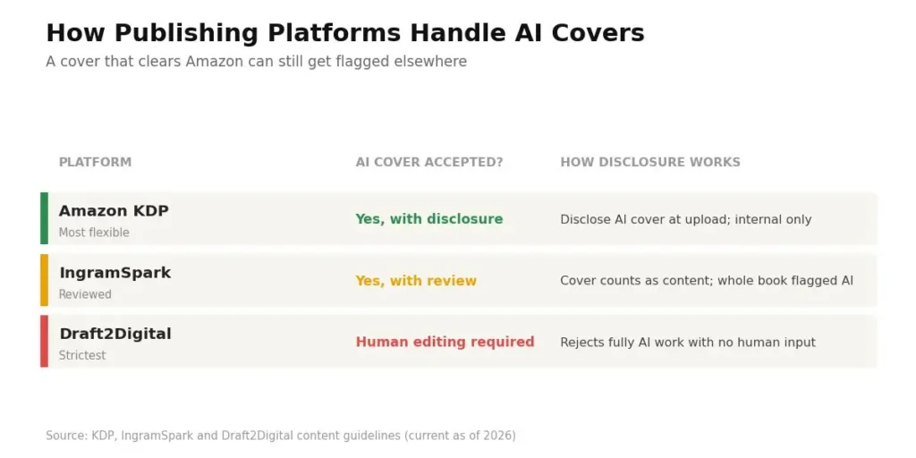 Comparison of Amazon KDP, IngramSpark and Draft2Digital AI book cover disclosure rules, 2026