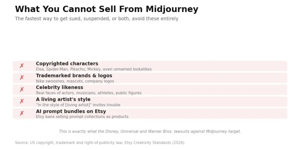 What you cannot sell from Midjourney: copyrighted characters, brands, celebrity likeness, artist style, and Etsy prompt bundles