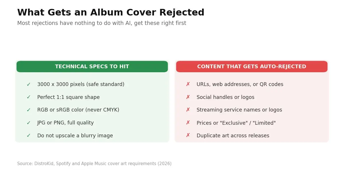 Album cover technical specs to hit and banned content that gets auto-rejected by distributors, 2026