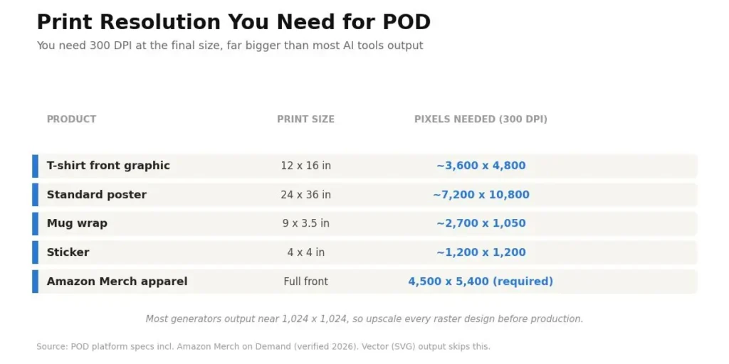 Print on demand resolution requirements at 300 DPI for t-shirts, posters, mugs, stickers and Amazon Merch, 2026