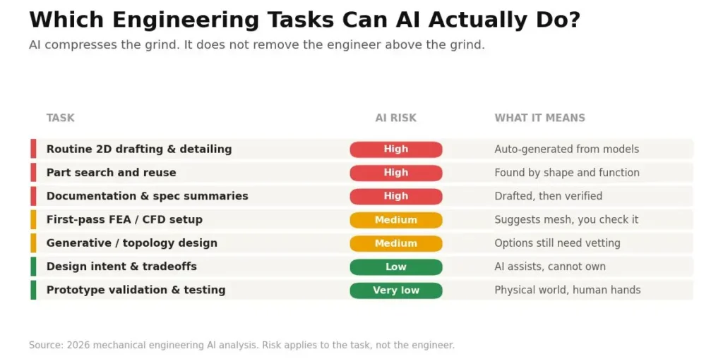 Mechanical engineering AI task risk 2026: drafting and part search high risk, design intent and prototype testing low risk