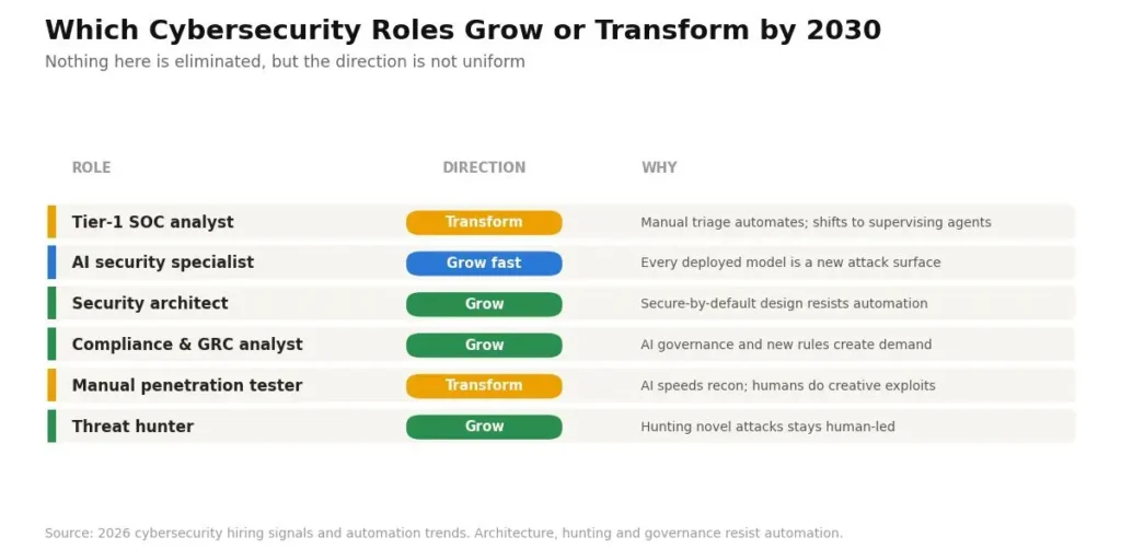 Cybersecurity roles by 2030: AI security specialist grows fast, architect and threat hunter grow, tier-1 SOC and pentester transform