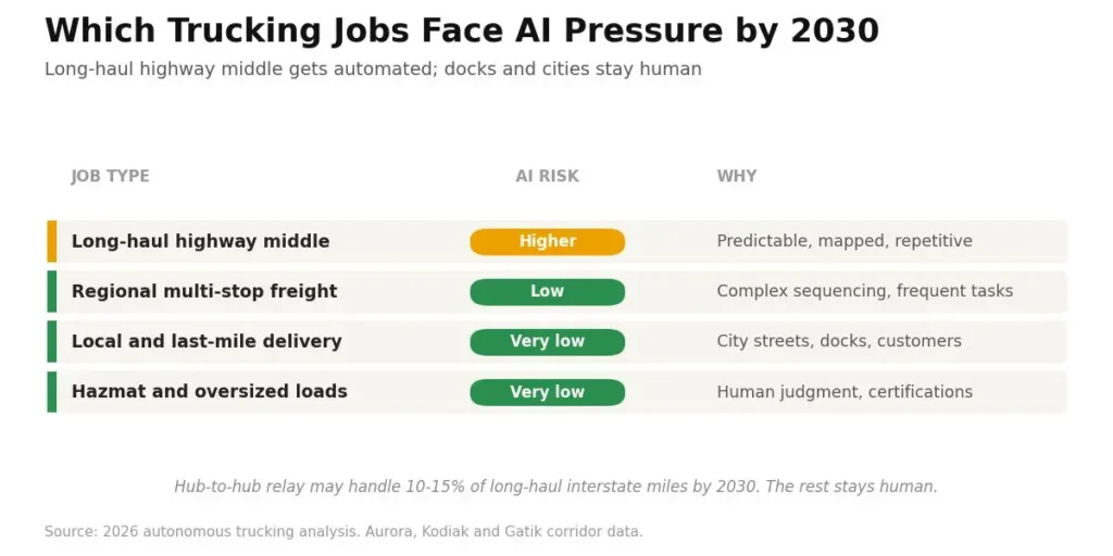 Trucking AI risk by job type 2030: long-haul highway higher risk, regional and local delivery very low, hazmat very low